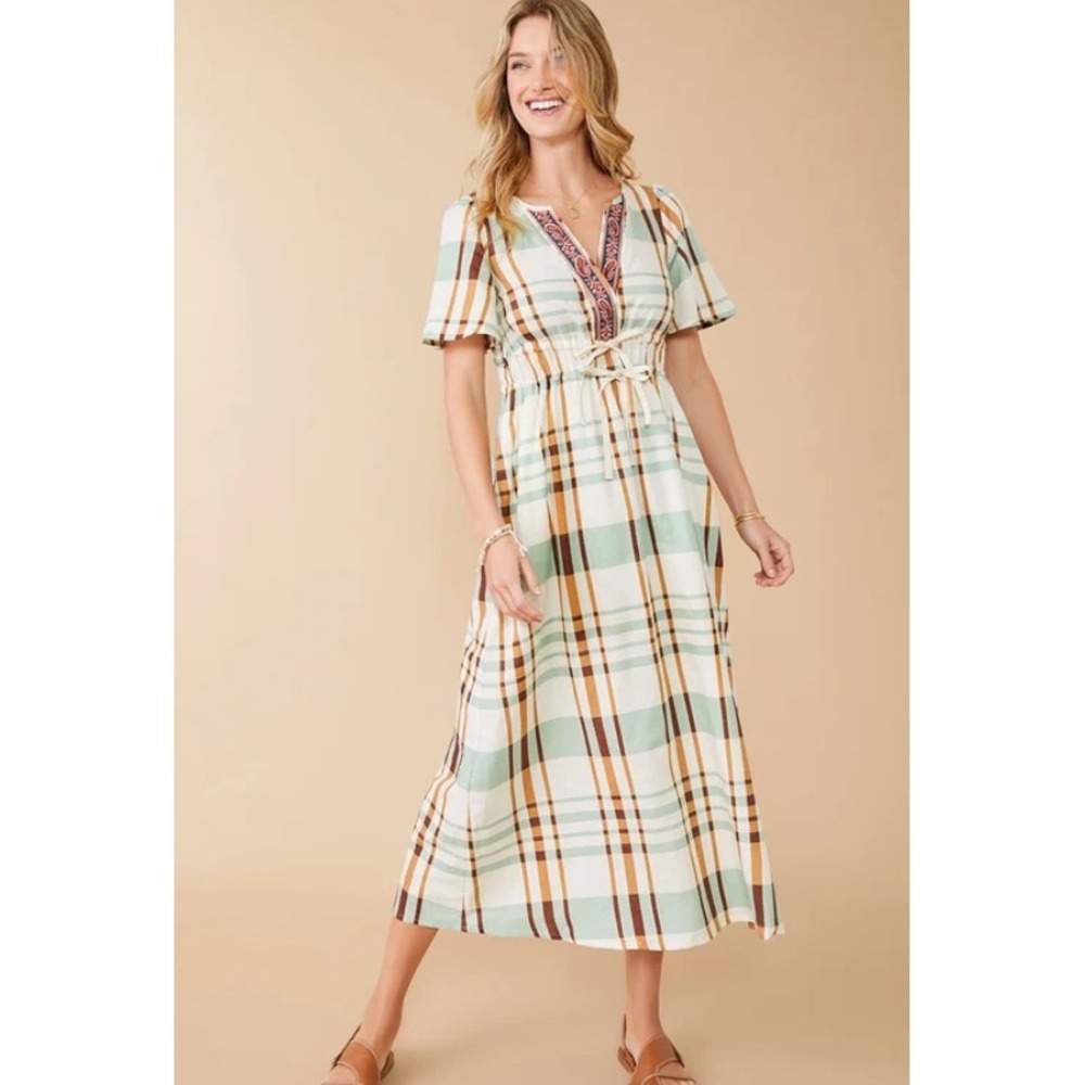 Spartina 449 Meghan Kalalanta Plaid NWT Dress Cream Embroidered Cottage Boho S